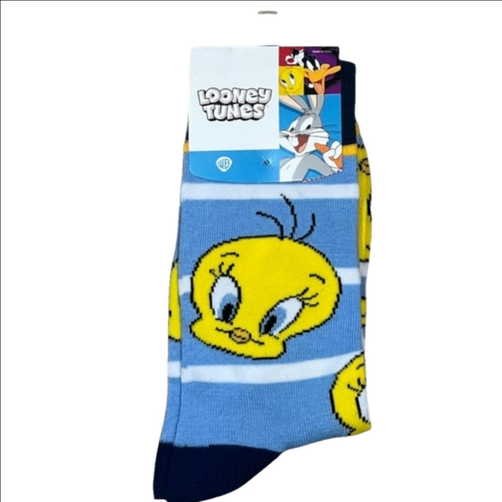 4/$25 New Warner Bros. Tweety Bird Blue Yellow Graphic Crew Socks Looney Tunes